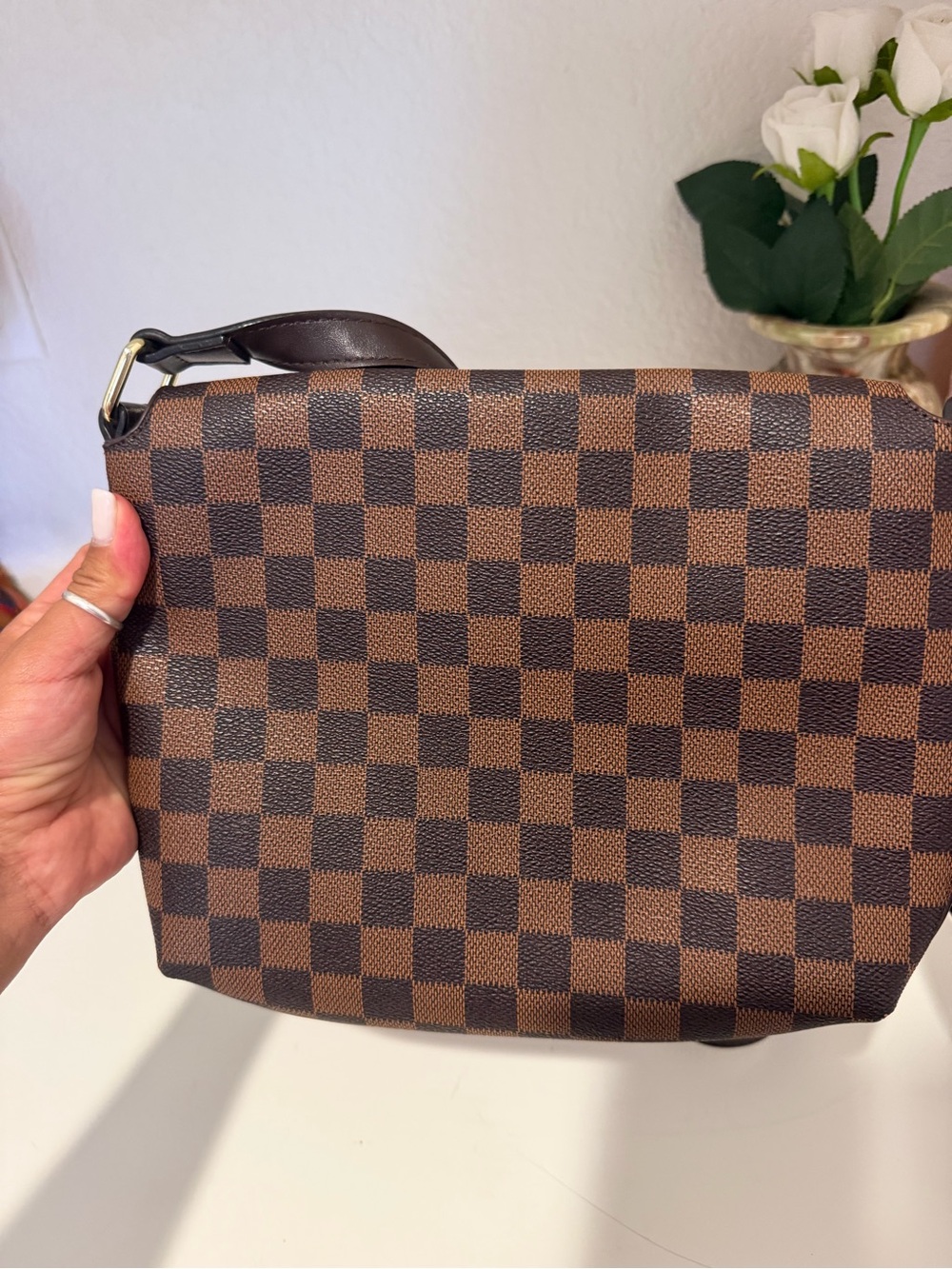 Designer inspired Brown Check Crossbody Bag with Blue Stripe - Picture 3 of 3